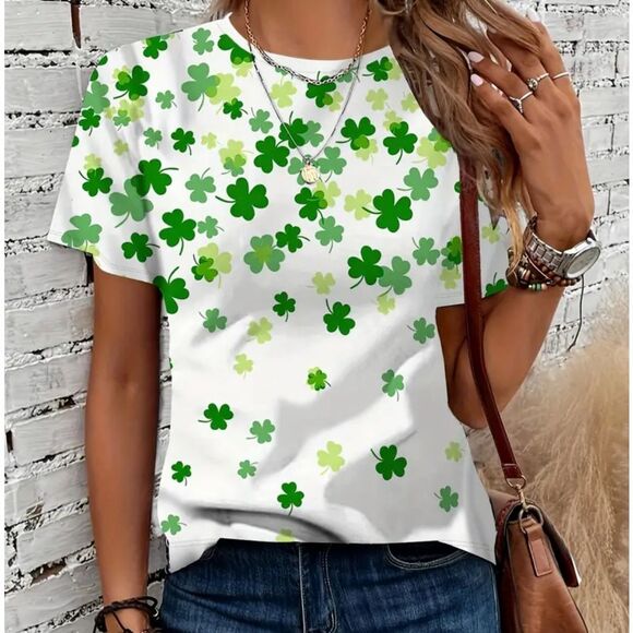St Patrick's Day Shamrock Clover Print Crew Neck T-Shirt Sz 6 - Picture 2 of 6